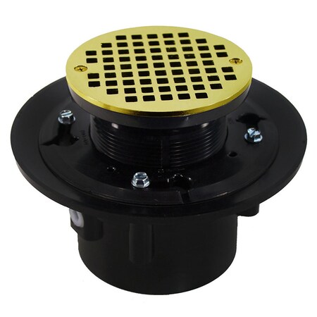 Jones Stephens 3in.x 4in. Heavy Duty ABS Drain Base with 3-1/2in. Plastic Spud and 5in. Polished Brass Strainer D49126